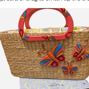 Pre-owned Vintage Vibrant Butterfly Woven Tote Bag